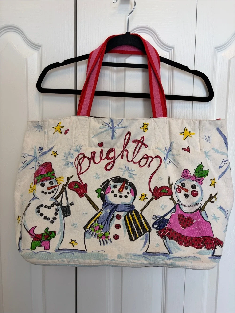 Brighton Happy Holidays Snow Snowman Canvas Tote with Pink Straps